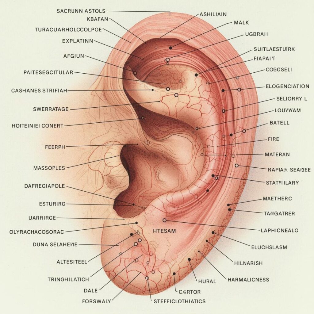 Anatomical diagram of the ear showing auriculotherapy acupuncture points used for neurological treatment at The Wellness Path in Knoxville TN — serving Knoxville, Morristown, and Maryville