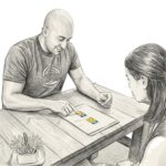 Pencil illustration of Dr. Vic Manzo reviewing a chiropractic report of findings with a patient at The Wellness Path neuro-focused chiropractic clinic in Knoxville TN