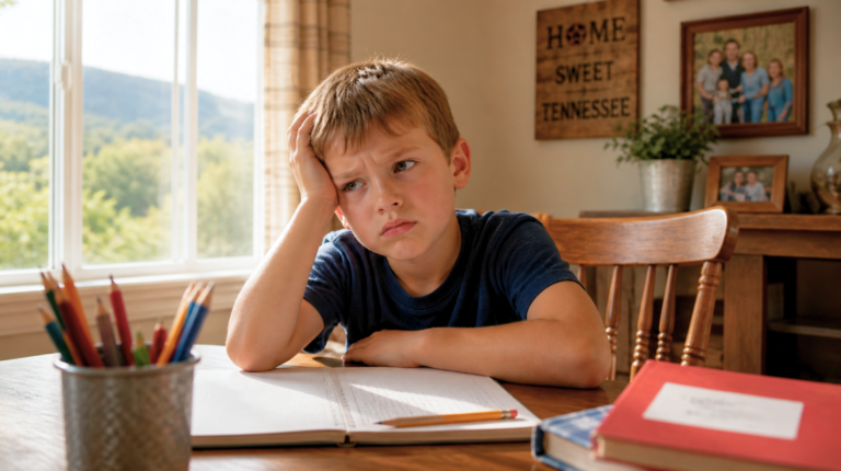 Child with ADHD struggling to focus at school desk — nervous system dysregulation — The Wellness Path Knoxville TN