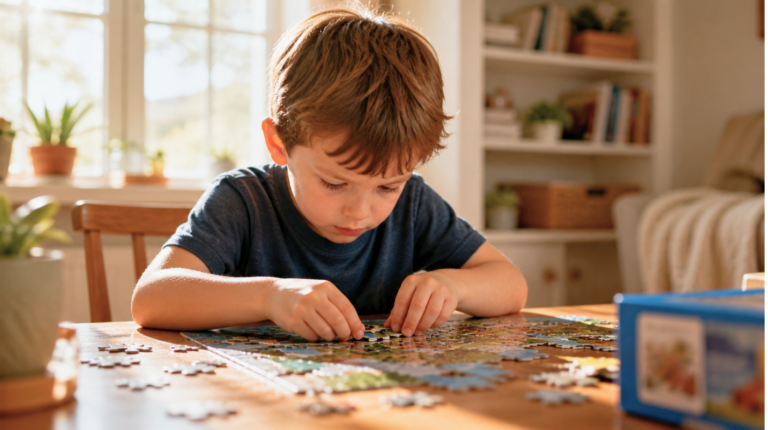 Child sitting at cluttered homework desk looking frustrated and overwhelmed — executive function challenges — The Wellness Path Knoxville TN