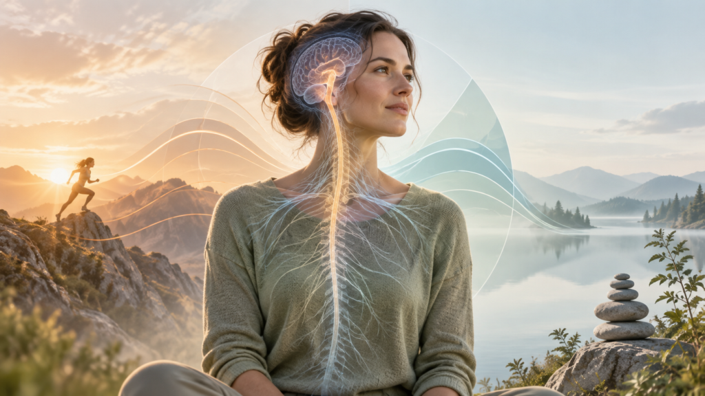 Woman with brain and nervous system overlay representing nervous system dysregulation, fight-or-flight, recovery and adaptability.